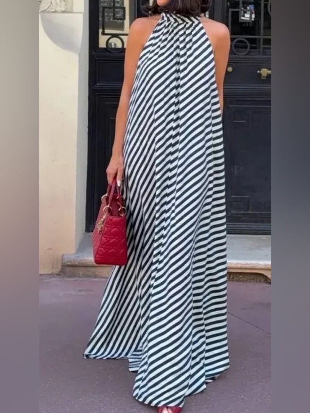 H&M Tie-detail A-line Maxi Dress Navy Blue White Striped Bnwt - Picture 14 of 15
